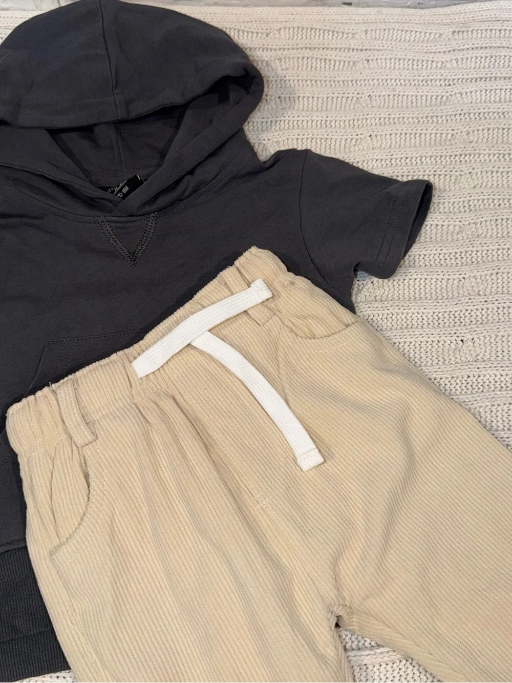Little Bipsy Beige Corduroy Jogger Set with Charcoal Hoodie